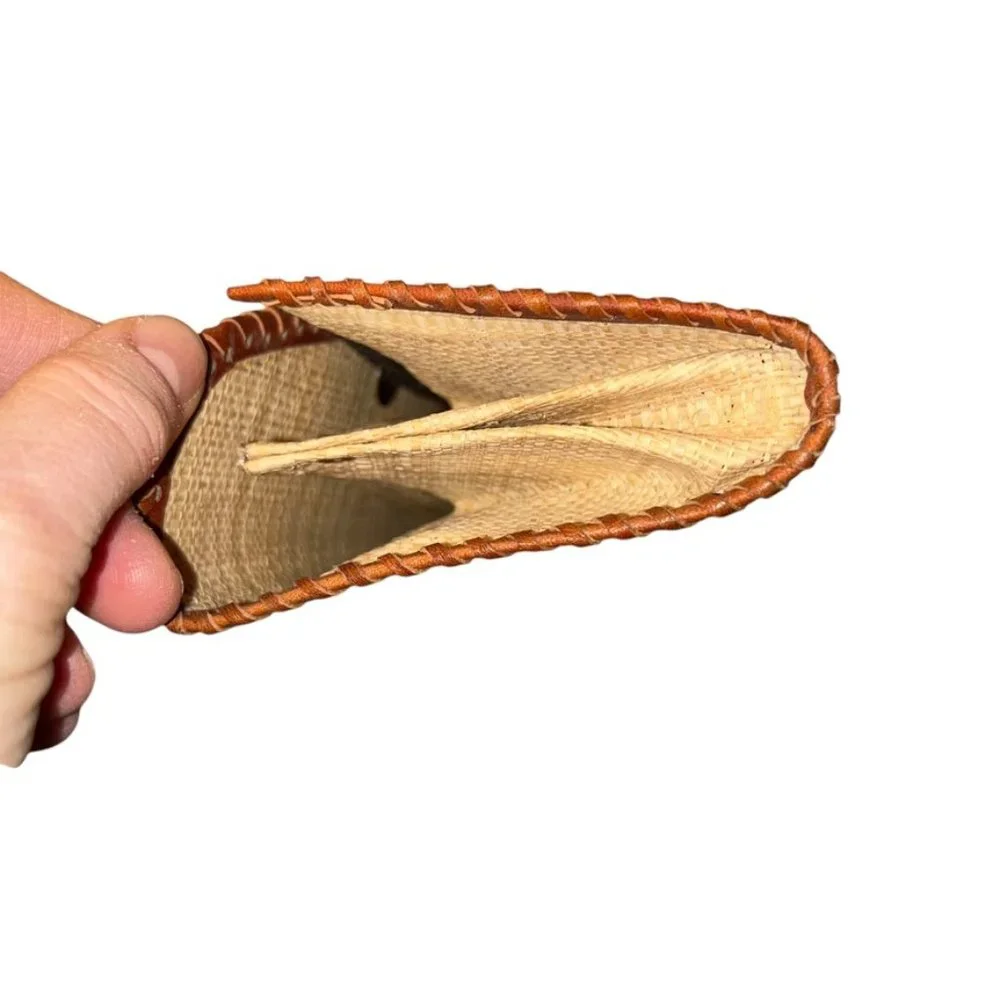 vintage handsome as new tooled leather woven straw wallet